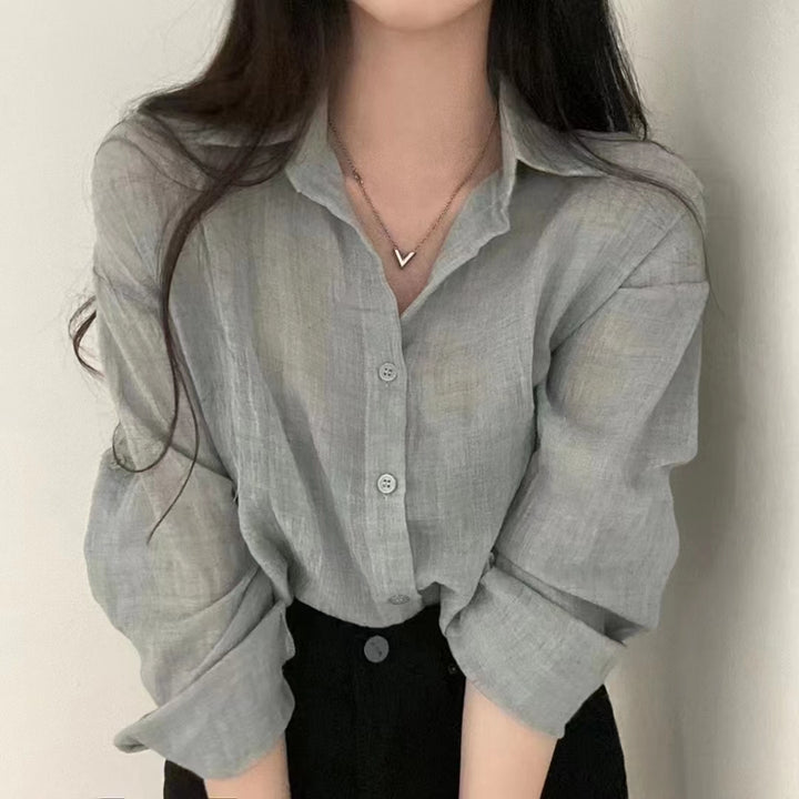 Grey Textured Solid Sheer Shirt