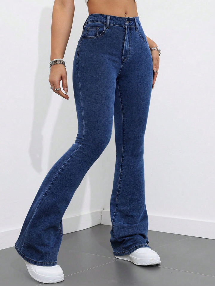 Navy Blue Clean Washed Flared Jeans