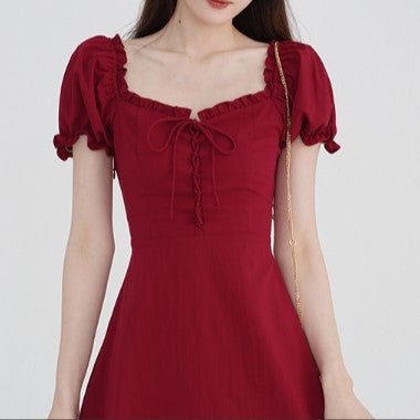Red Dress With Puff Sleeve And Ruffle Detail