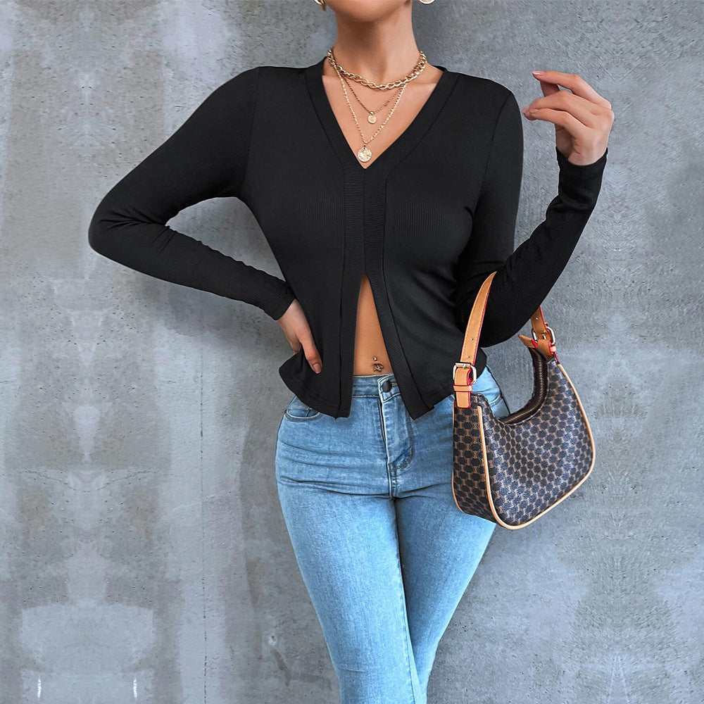 Black Full Sleeve Front Slit Top