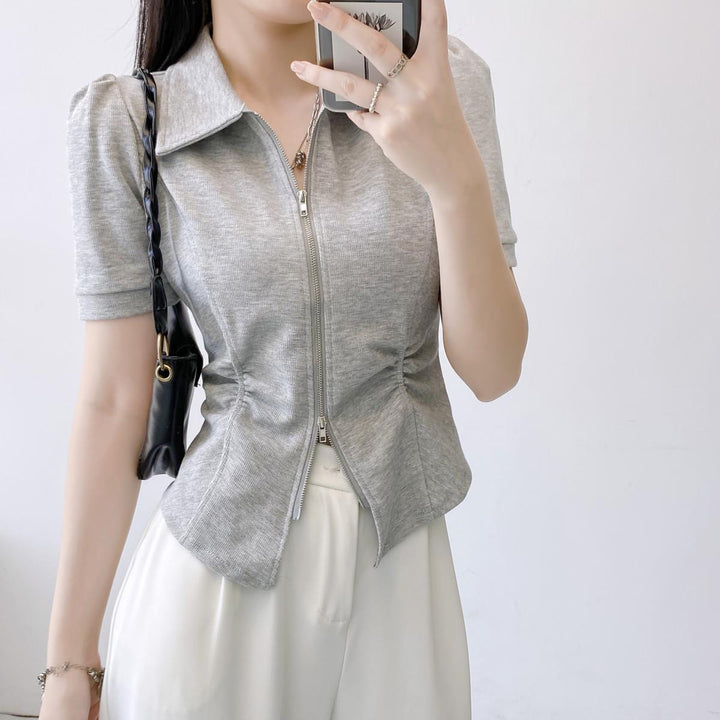 Grey Front Zipper Top