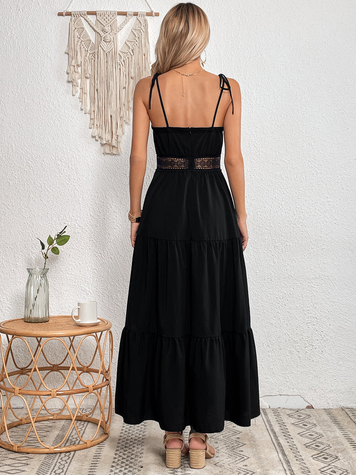 Black Strapy Lace Tiered Flared Dress