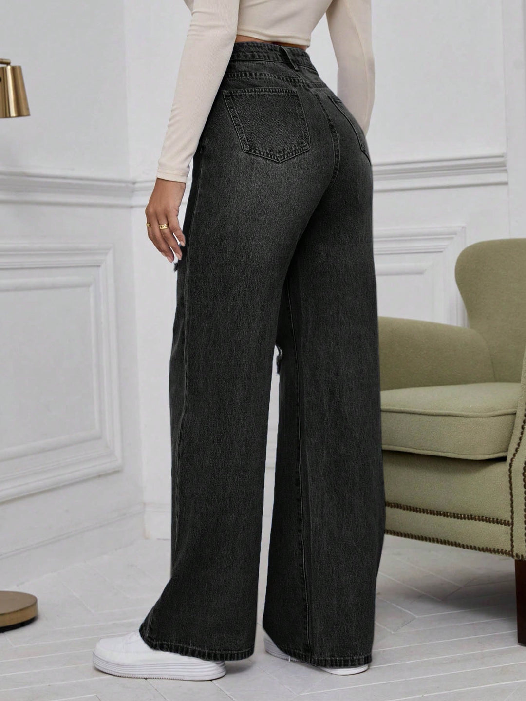 Black Knee And Thigh Distressed Baggy Jeans