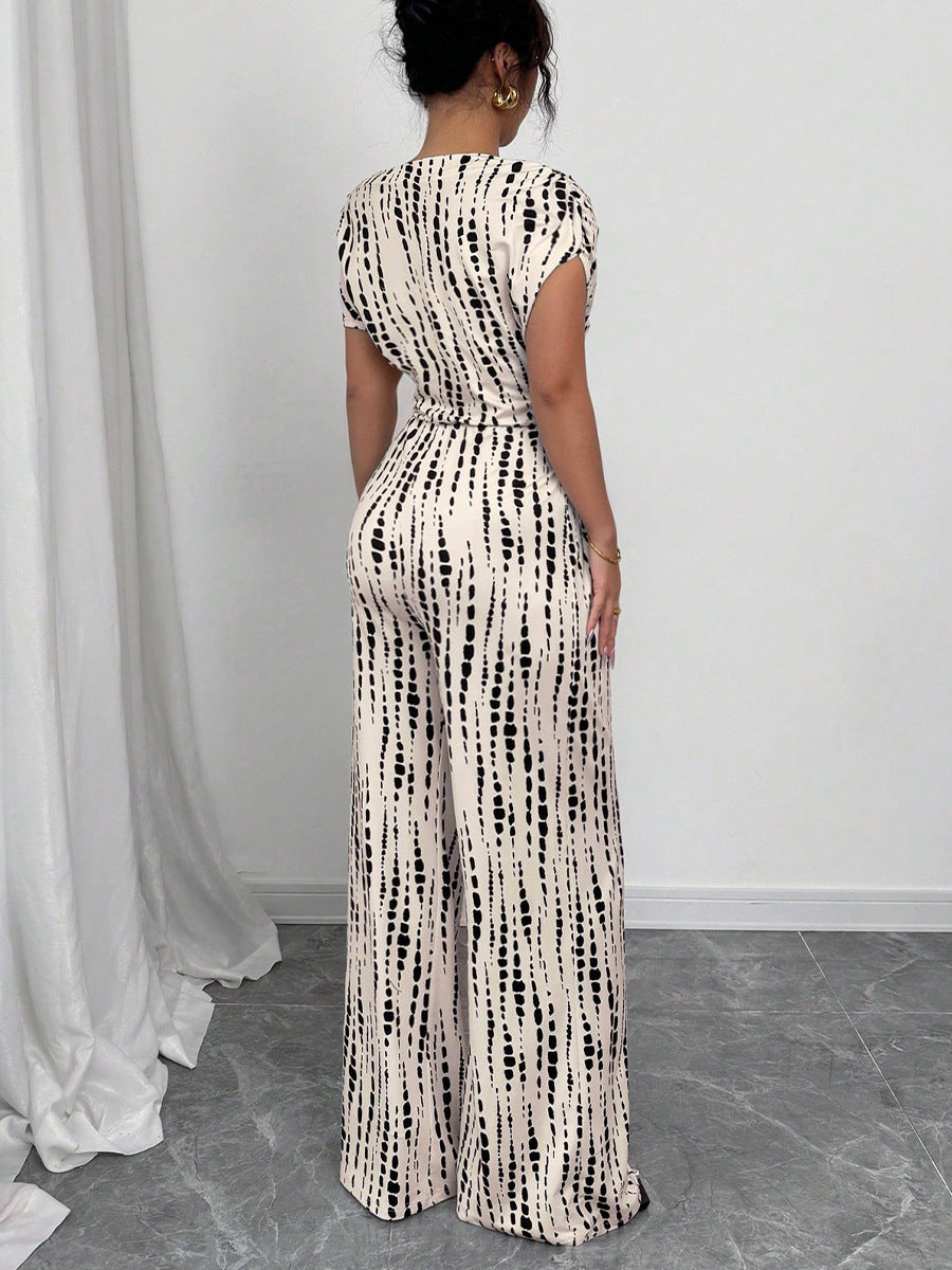 Cream Printed Tie Up Jumpsuit