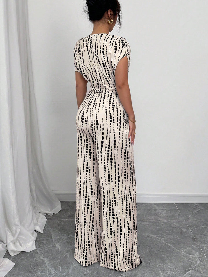 Cream Printed Tie Up Jumpsuit