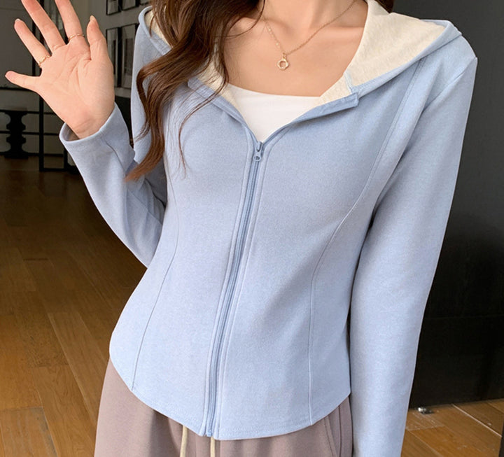 Grey Full Sleeves Front Zip Hooded Jacket