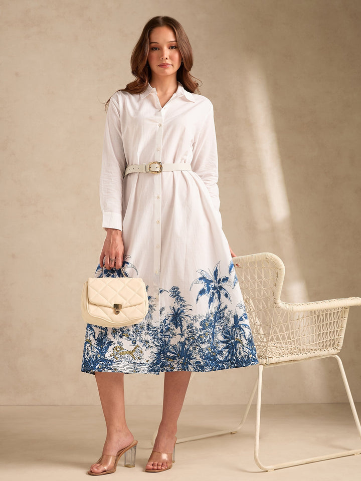 Off White Midi Printed Shirt Dress