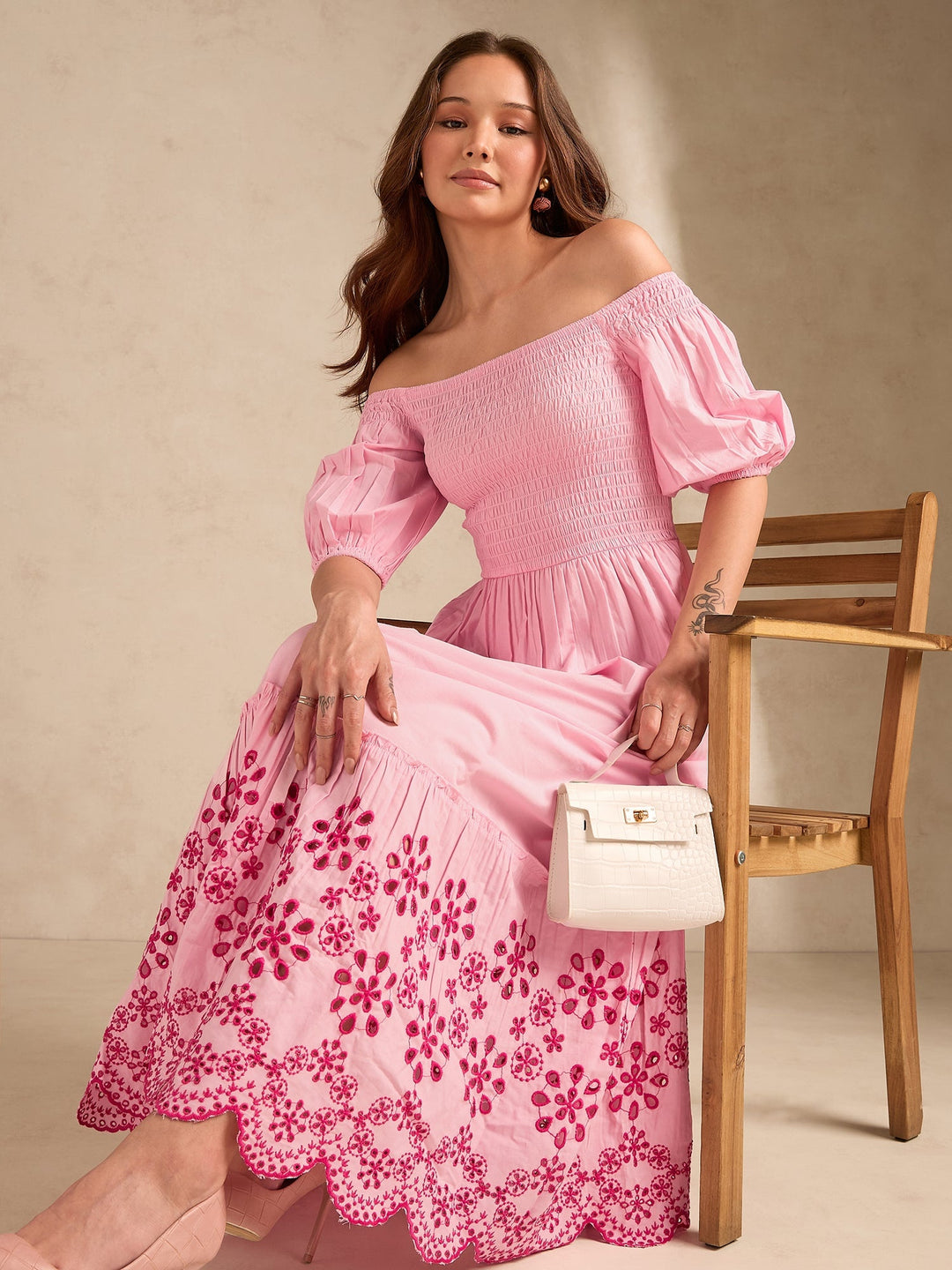 Pink Maxi Dress With Contrast Schiffli