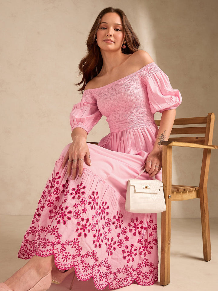 Pink Maxi Dress With Contrast Schiffli