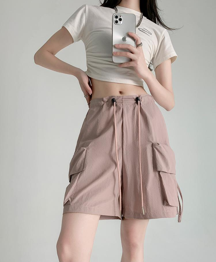 Pink Relaxed Fit Drawstring Cargo Shorts