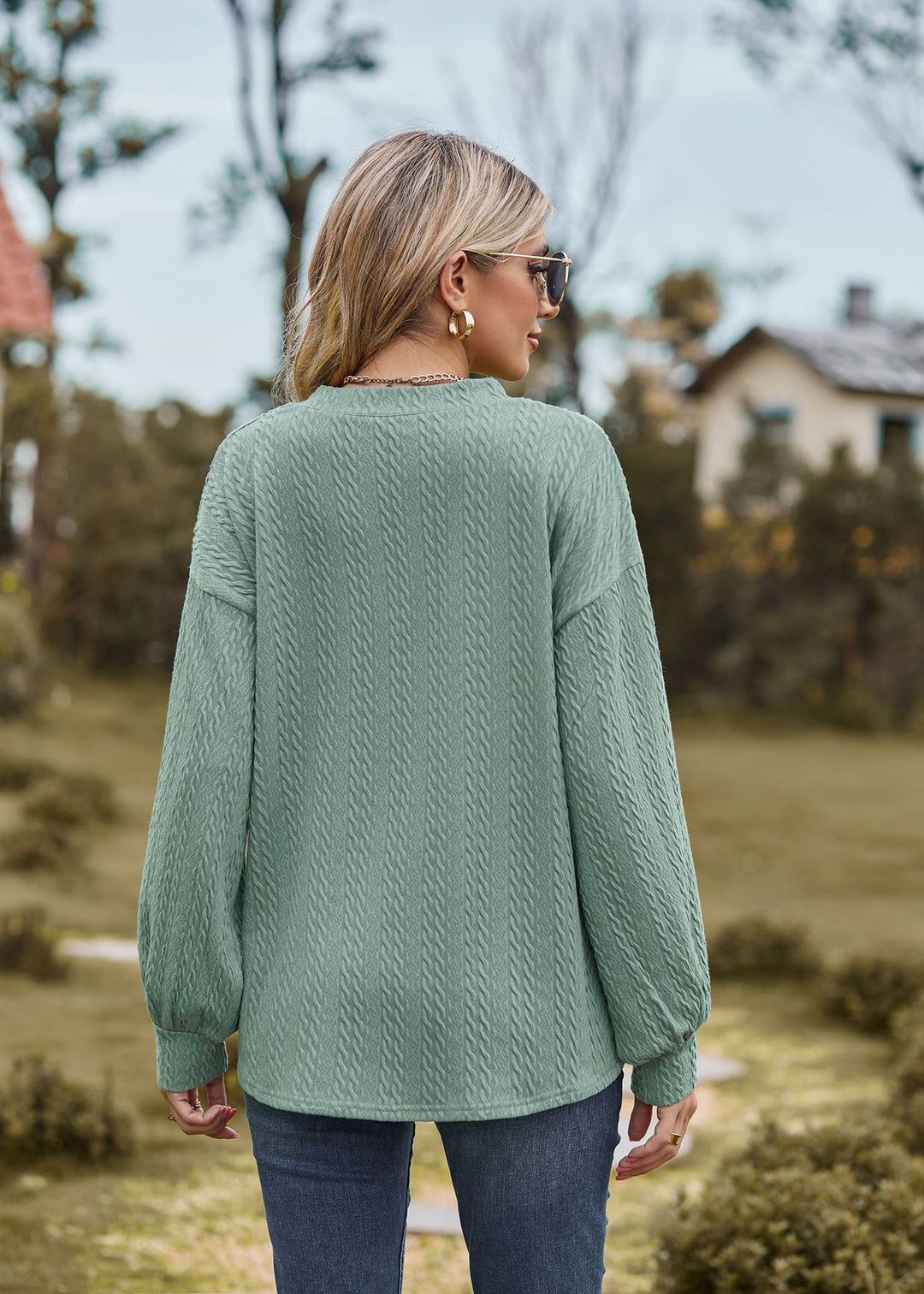 Sea Green Bishop Sleeve V Neck Sweatshirt