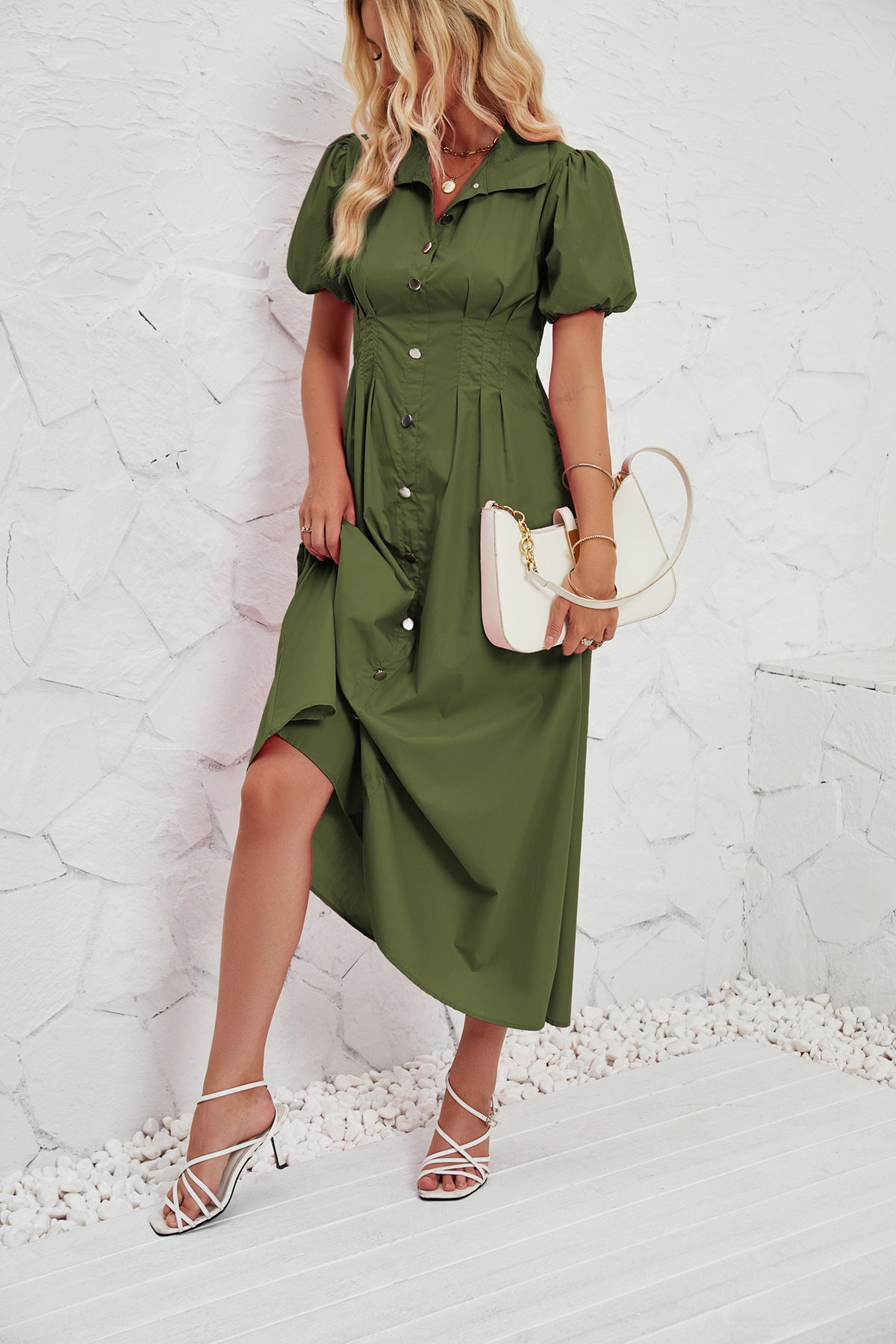 Olive Button Down Sinched Waist Dress