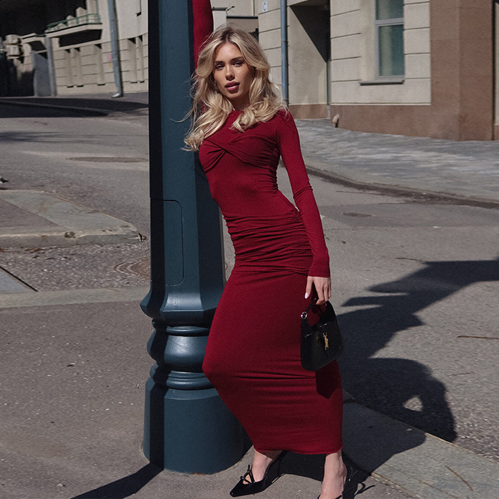 Wine High Neck Full Sleeve Dress
