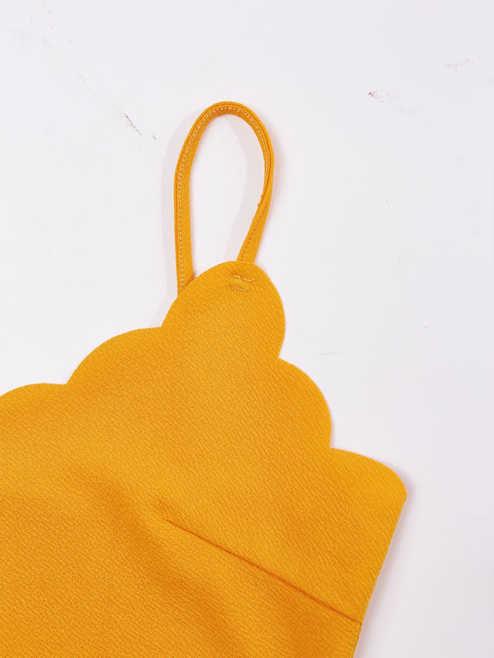 Mustard Spaghetti Strap Sweetheart Neck Top And Striped Shorts Set