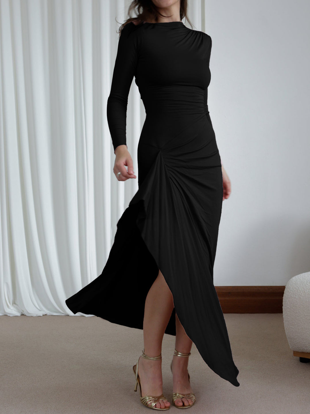 Black High Neck Side Ruched Dress