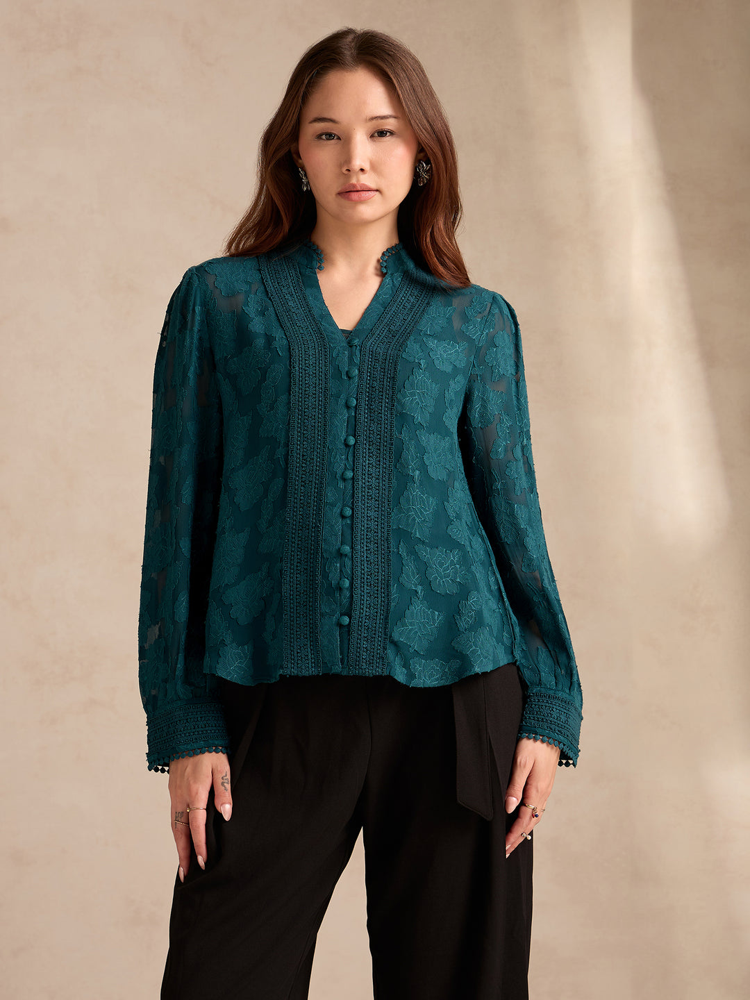 Teal Regular Fit Burnout Fabric Blouse With Lace Details