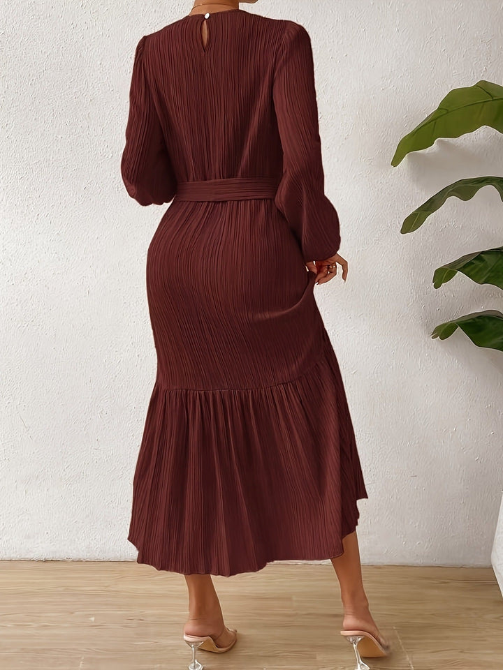 Brown Full Sleeve Round Neck Ruffle Hem Dress