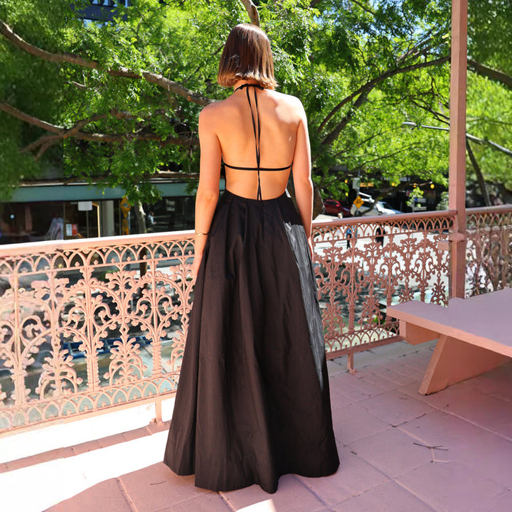 Black Solid Back Tie Up Dress
