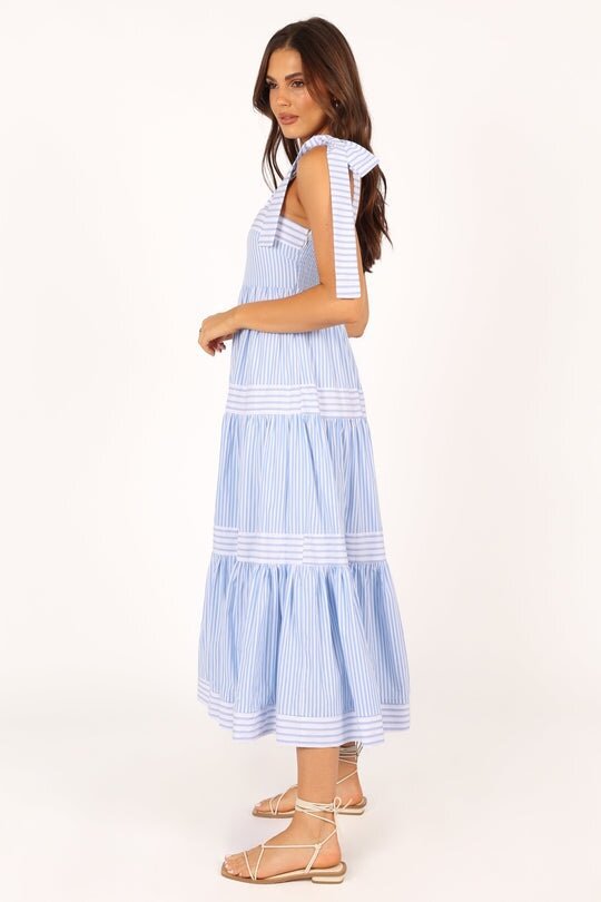Blue Bow Tie-Up Tiered Dress
