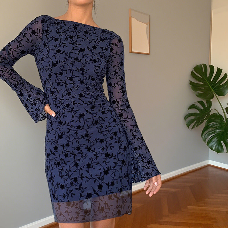 Blue Floral Printed Mesh Mini Dress