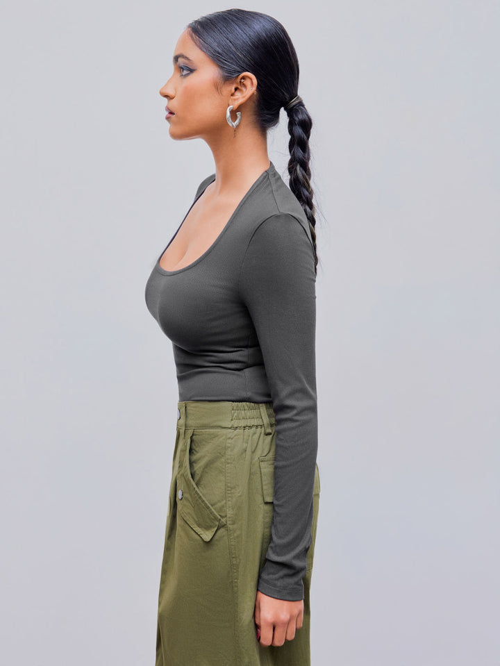 Grey Full Sleeved Scoop Neck Bodysuit