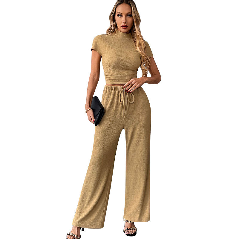 Beige Fitted Top With Wide Leg Sweatpants Coord Set