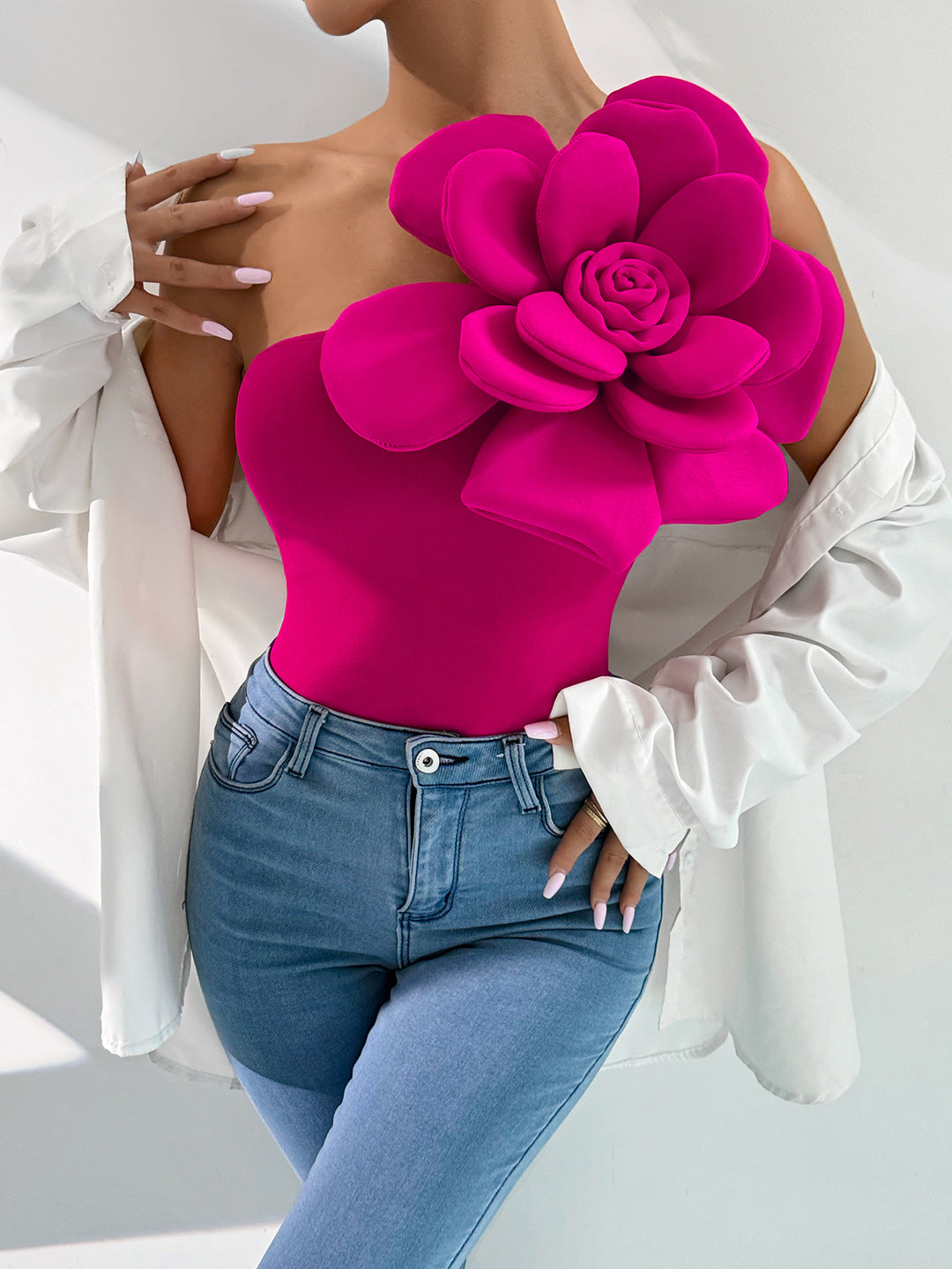 Pink One Shoulder Flower Attached Top