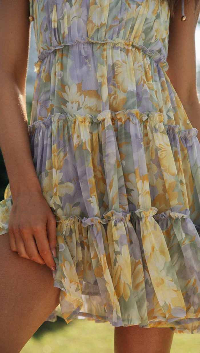 Blue Printed Multi Tiered Flowy Dress