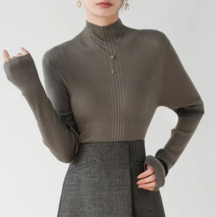 Taupe Full Sleeve Mock Neck Fitted Sweater