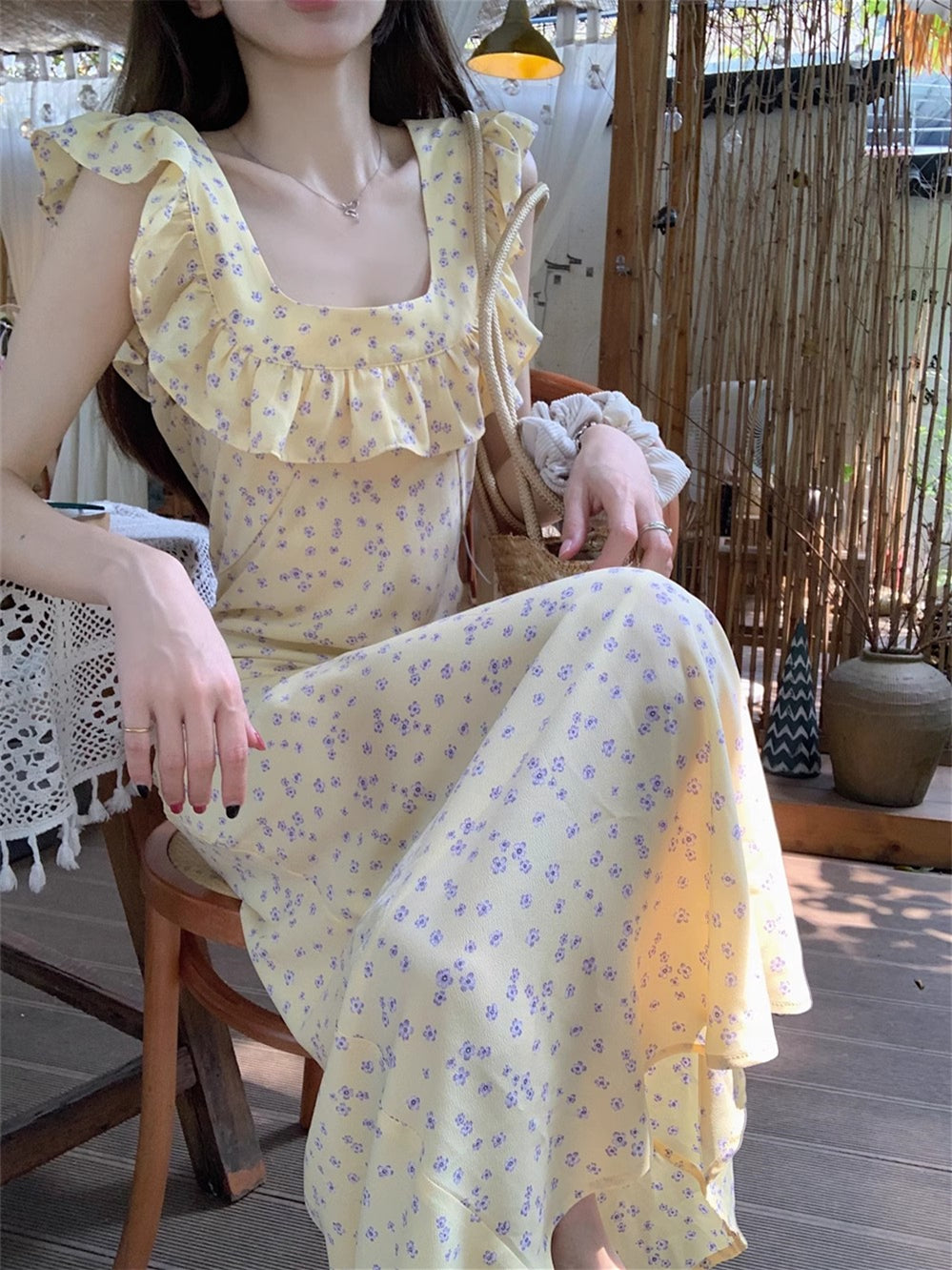 Yellow Printed Ruffle Maxi Dress