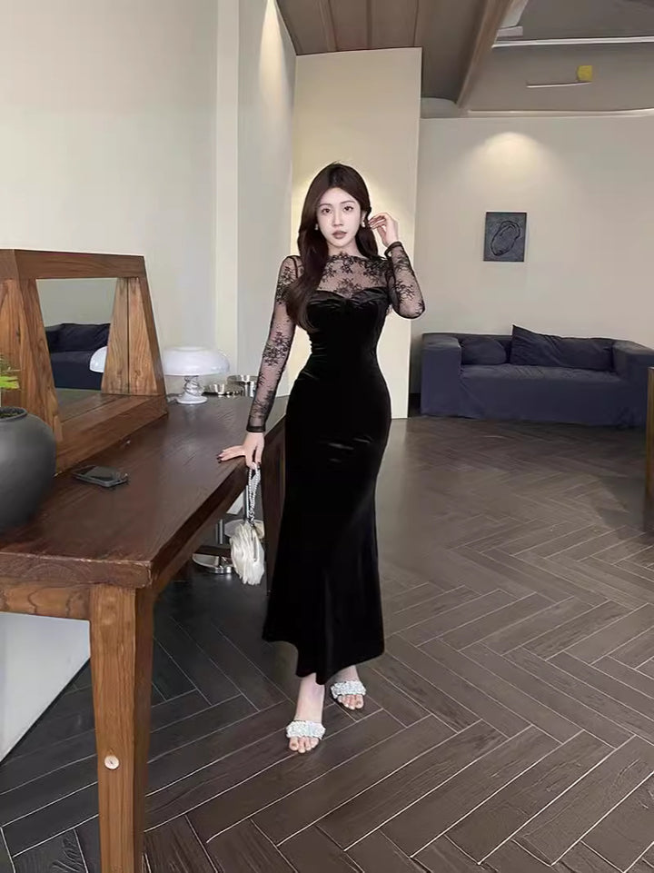 Black Fit And Flare Dress With Lace Inserts