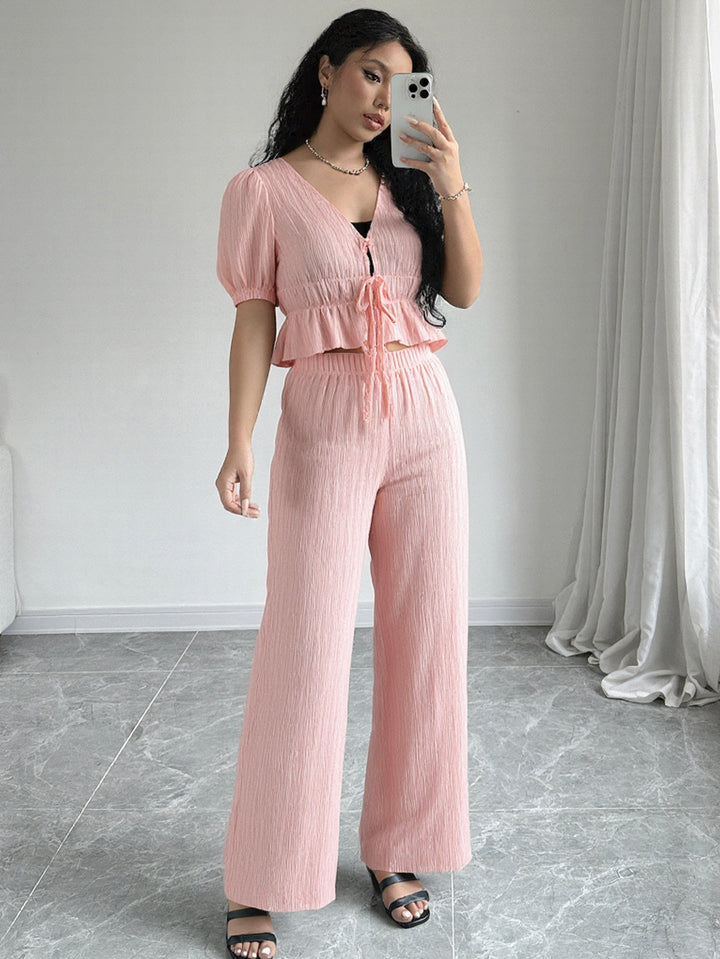 Pink Puff Sleeved Top And Pants Co-Ord Set