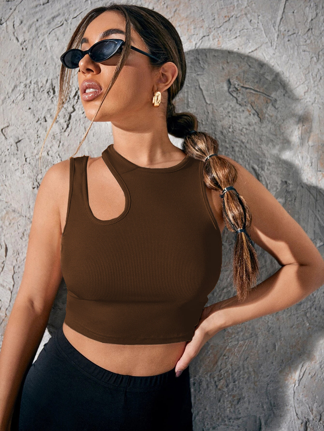 Brown Sleeveless Cut-Out Tank Top