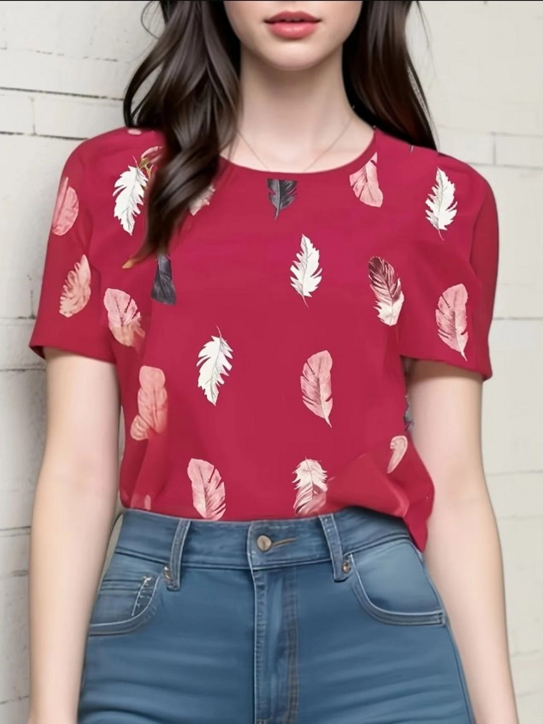 Pink Half Puff Sleeves Printed Top
