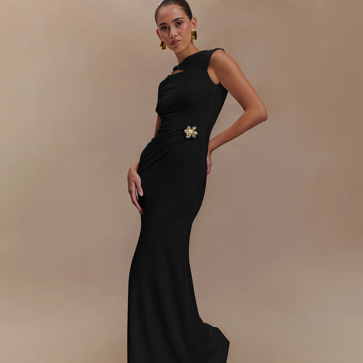 Black Cut-Out Bodycon Maxi Dress  With Buckle