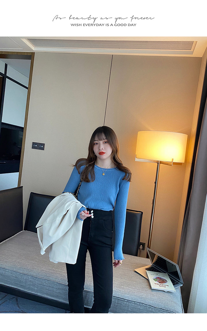 Blue Full Sleeve Scallop Hem Mock Neck Fitted Top