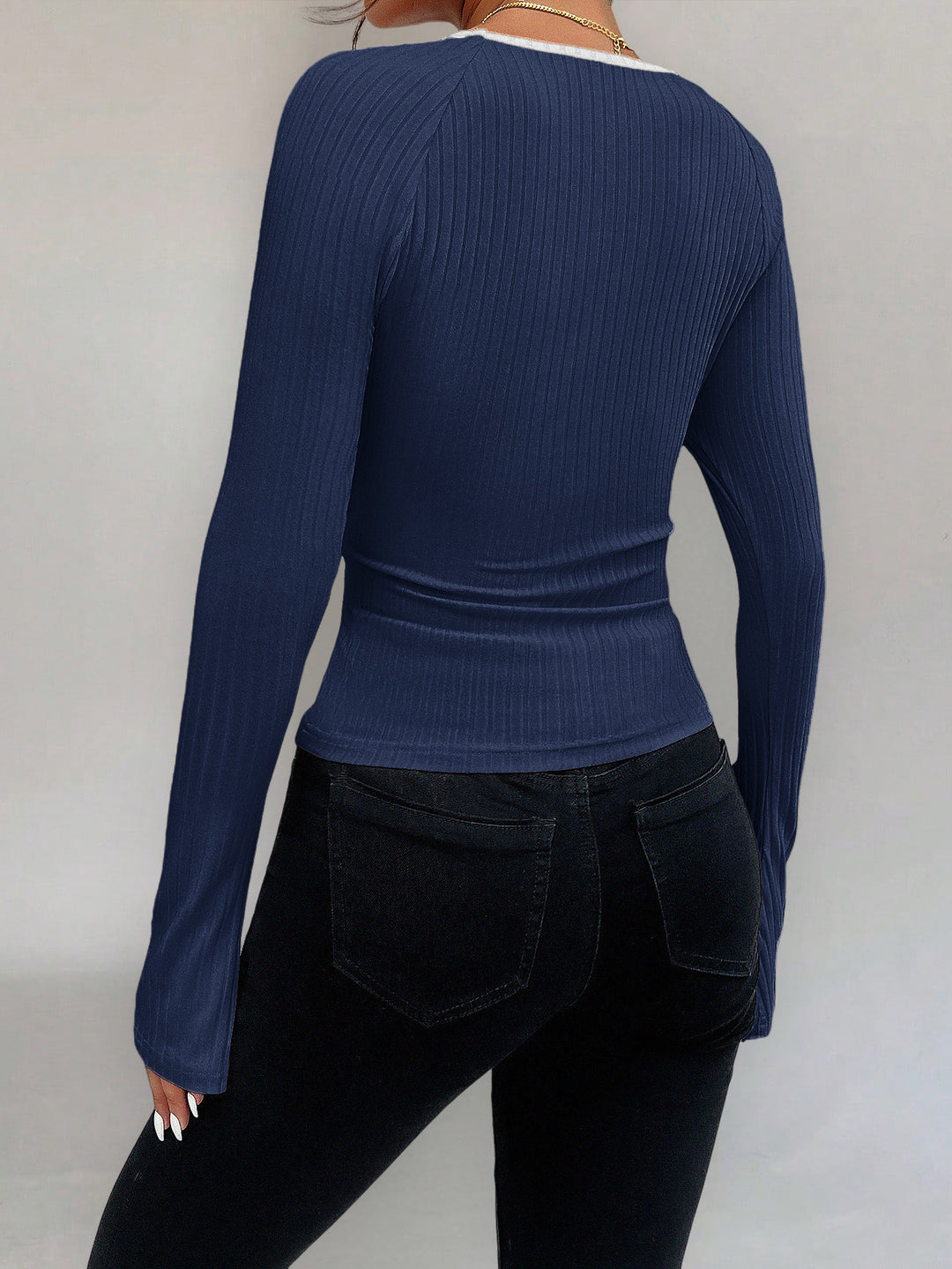 Navy Blue Contrast Tipping Neck Top