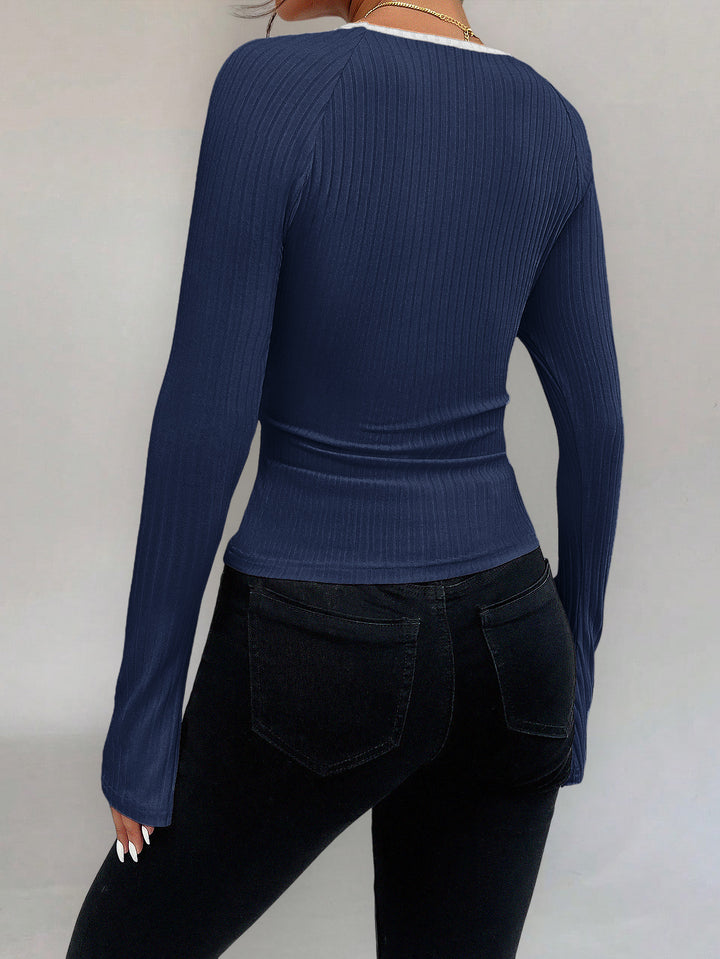Navy Blue Contrast Tipping Neck Top
