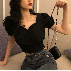 Black Corazon Neckline Sinched Waist Top