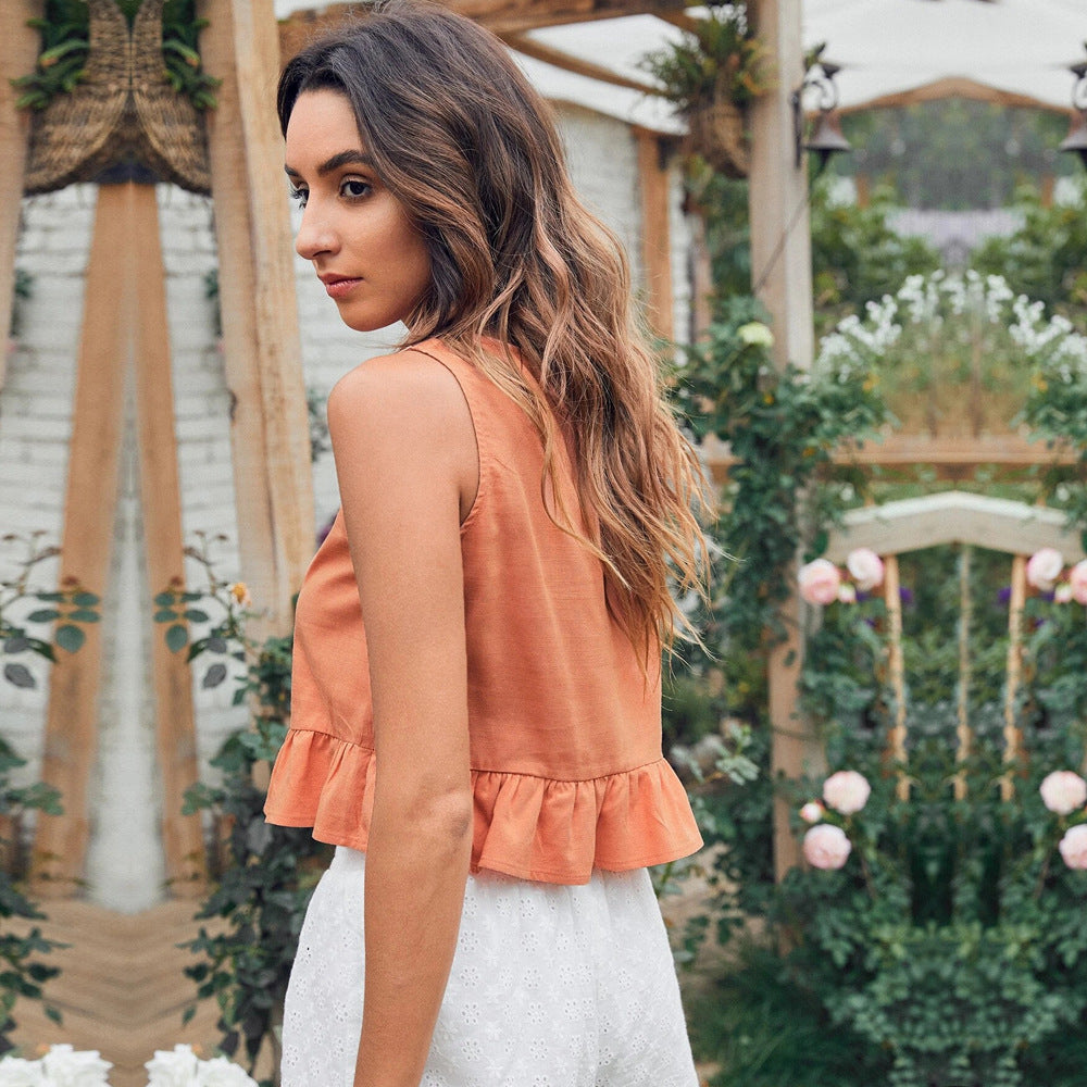 Orange Sleeveless Ruffle Hem Top