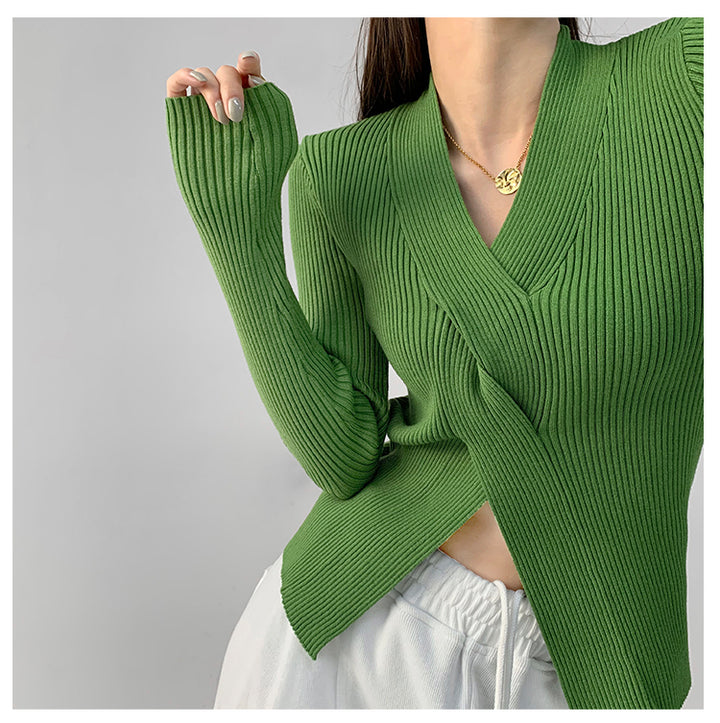 Green Full Sleeve V Neck Wrap Pullover Top