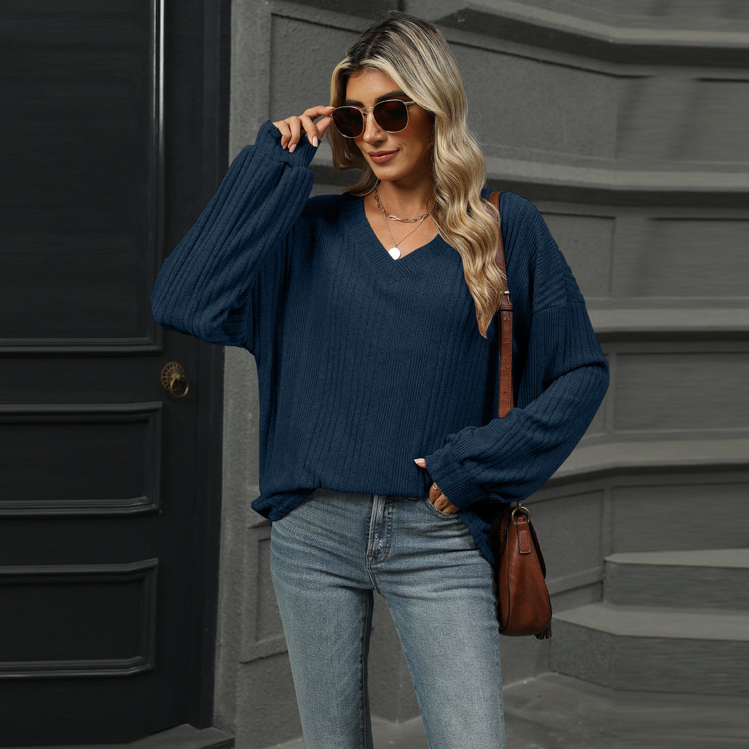 Navy Blue Bishop Sleeve Solid Relaxed Top
