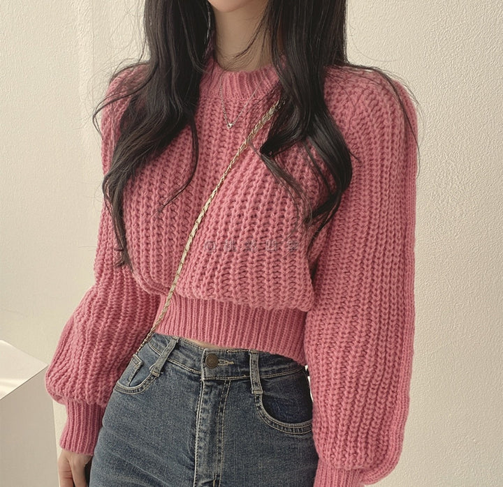 Pink Puff Sleeve High Neck Plain Chunky Sweater