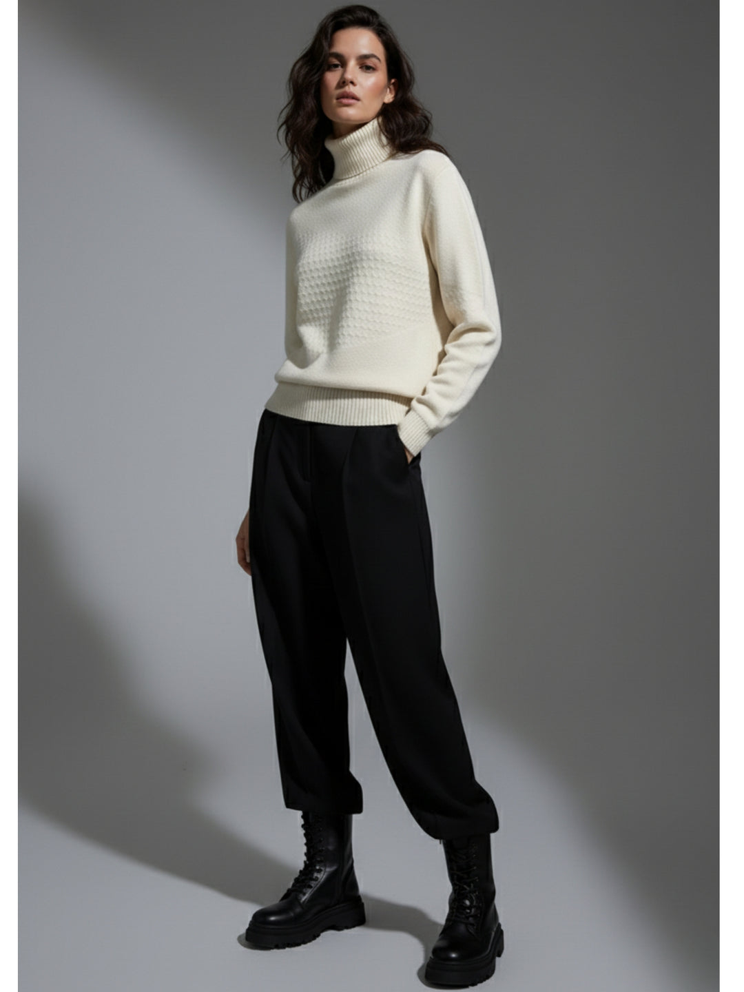 Off White High Neck Honey Comb Textured Sweater