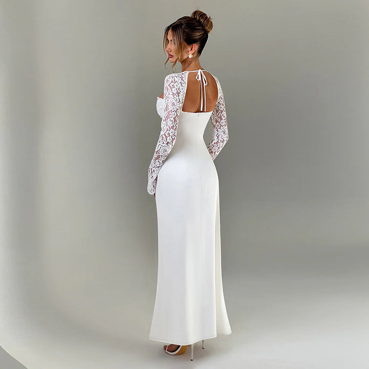 White Lace Sleeve Off Shoulder Gown