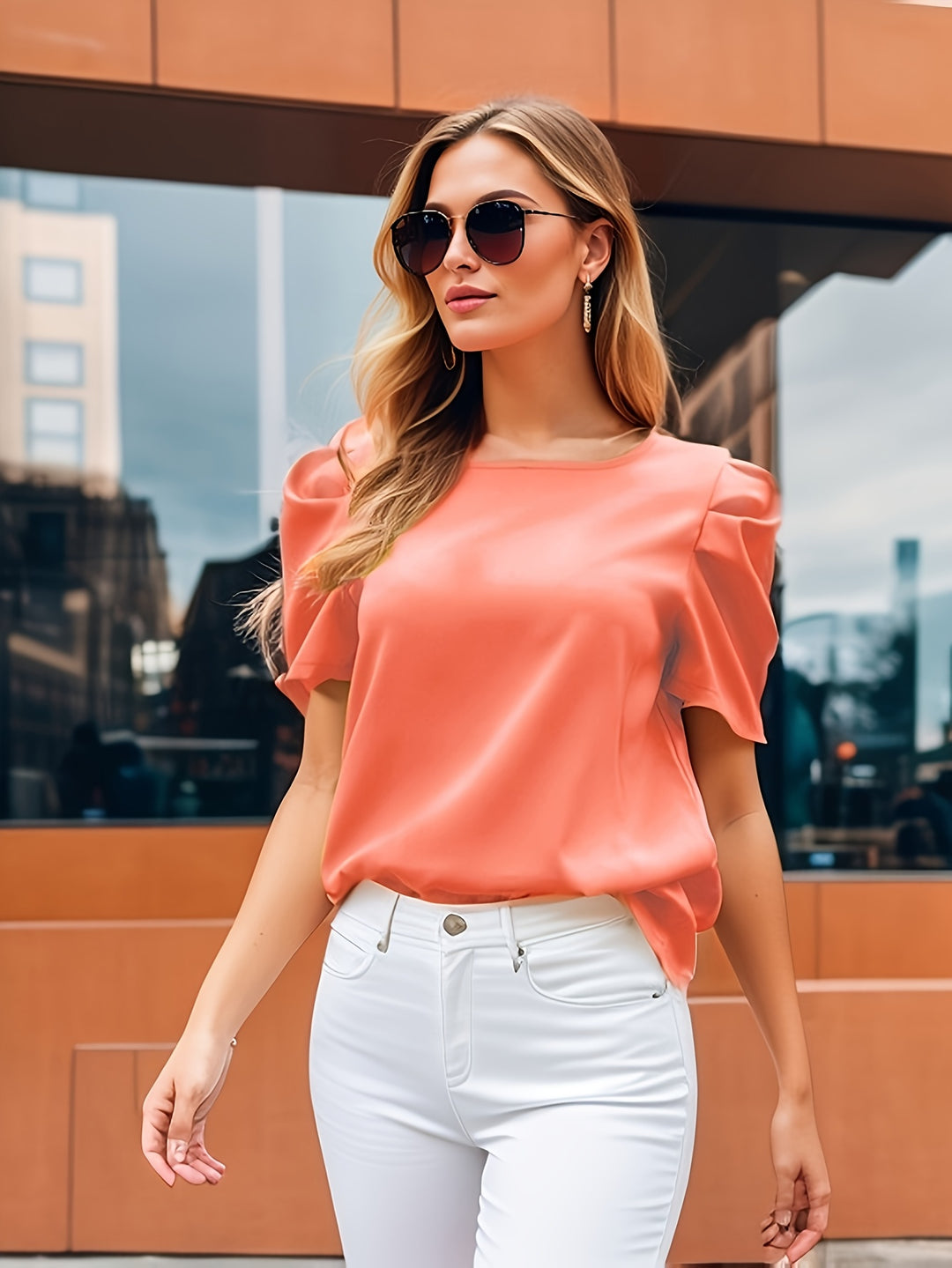Orange Half Puff Sleeves Top