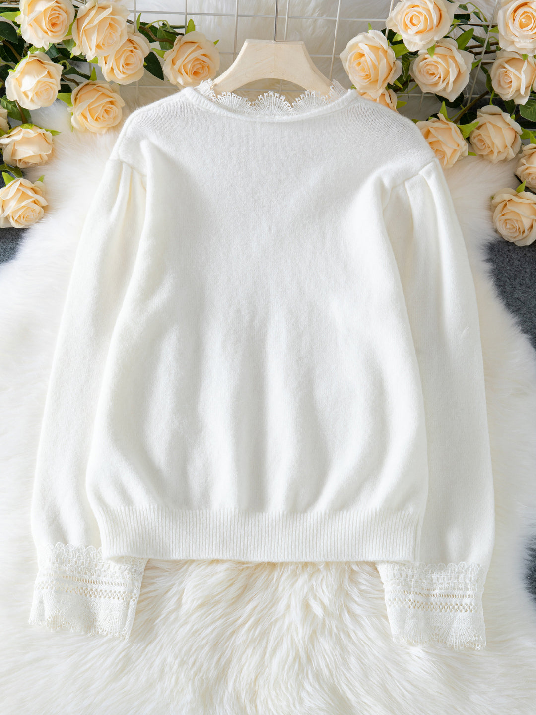 White Full Sleeves Scallop Neckline Sweaters