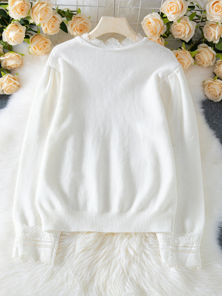 White Full Sleeves Scallop Neckline Sweaters