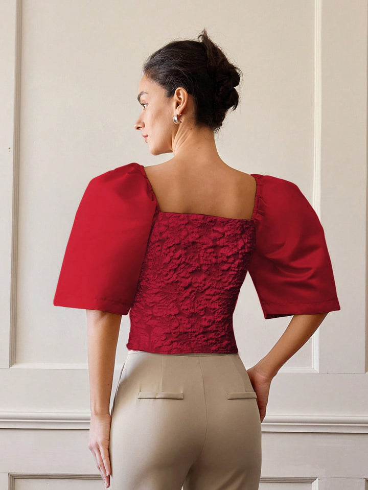 Red Floral Textured Fitted Top