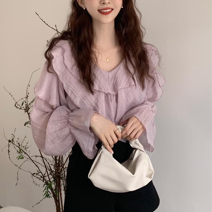 Purple V Neck Sheer Blouse